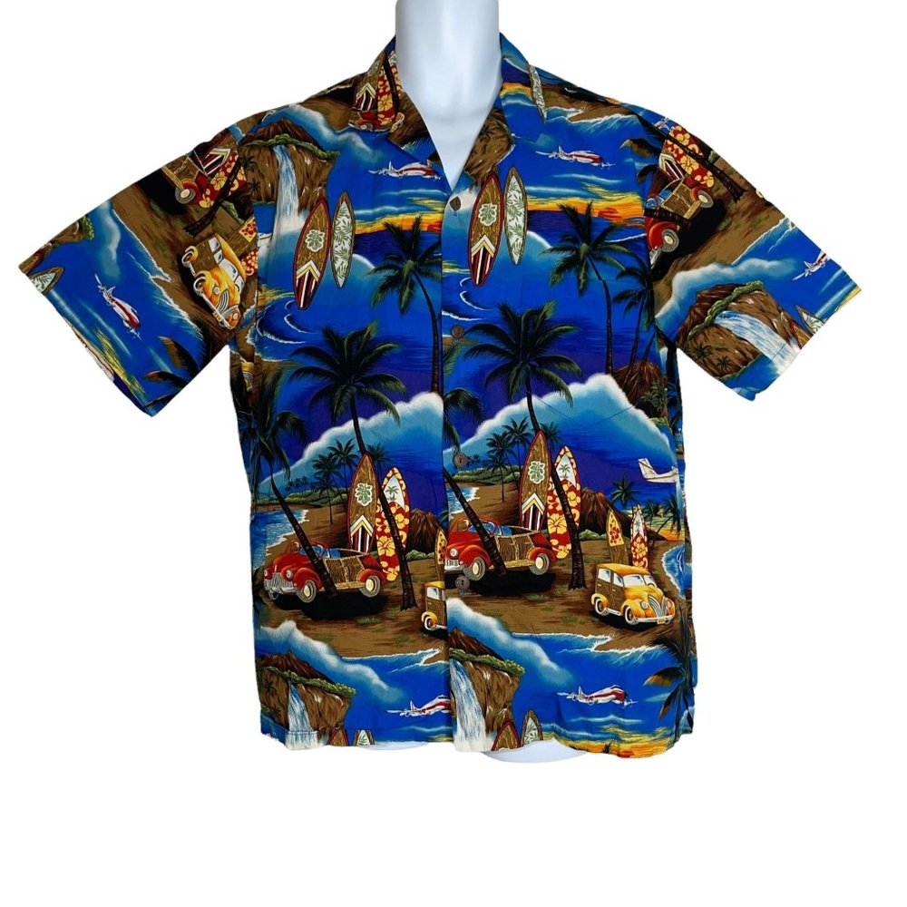 Vintage Royal Creations Hawaii Bright Car Surfboard Aloha Beach Shirt Men's XL